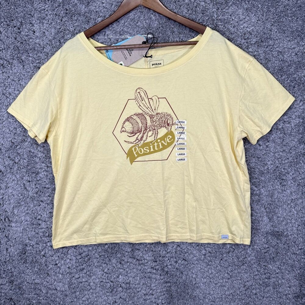 Prana Off The Shoulder Bee Positive T Shirt Yellow Large Organic Cotton *Read*
